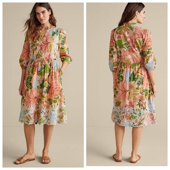 Soft Surroundings Bellicia Embroidered Midi Dress Womens Sz PM 3/4 Sleeves - Picture 1 of 12